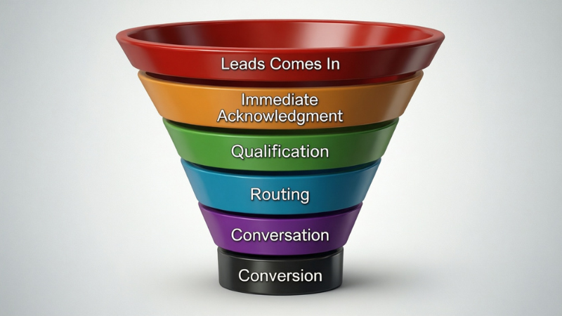 Color-coded lead conversion funnel showing stages from incoming leads to conversion, including immediate acknowledgment, qualification, routing, and conversation.