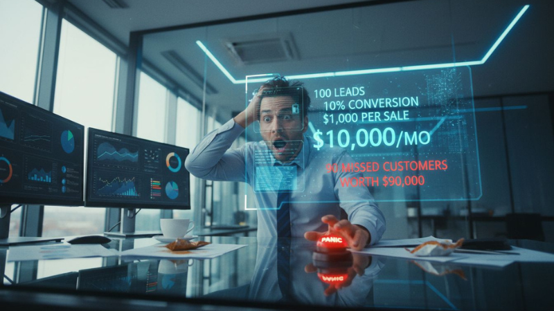 Business owner reacting to analytics showing low conversion rate and high missed revenue, highlighting lost customers due to poor lead response and conversion gaps.
