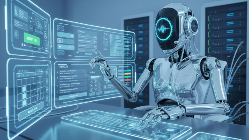 AI receptionist robot managing incoming messages and calls on a digital dashboard, illustrating automated lead response, qualification, and customer engagement system.