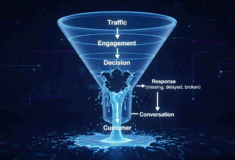 Lead conversion gap funnel showing traffic, engagement, decision, and broken response stage causing lost customers.