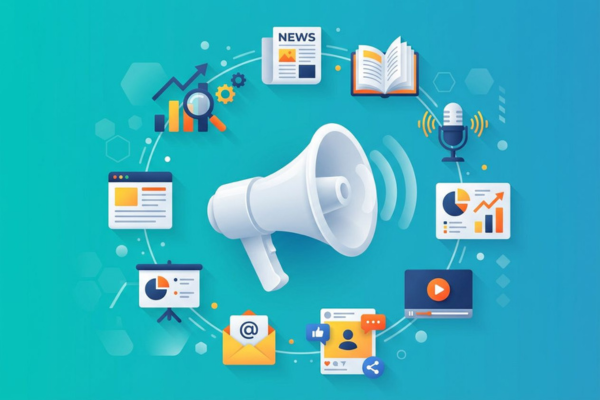 Content amplification concept showing a large megaphone distributing digital content across multiple marketing channels, including video, images, email, social media, analytics, cloud platforms, and online publishing tools. Illustration represents multi-channel content distribution, online visibility, brand awareness, content marketing, and digital marketing strategy. Content amplification concept showing a large megaphone distributing digital content across multiple marketing channels, including video, images, email, social media, analytics, cloud platforms, and online publishing tools. Illustration represents multi-channel content distribution, online visibility, brand awareness, content marketing, and digital marketing strategy.