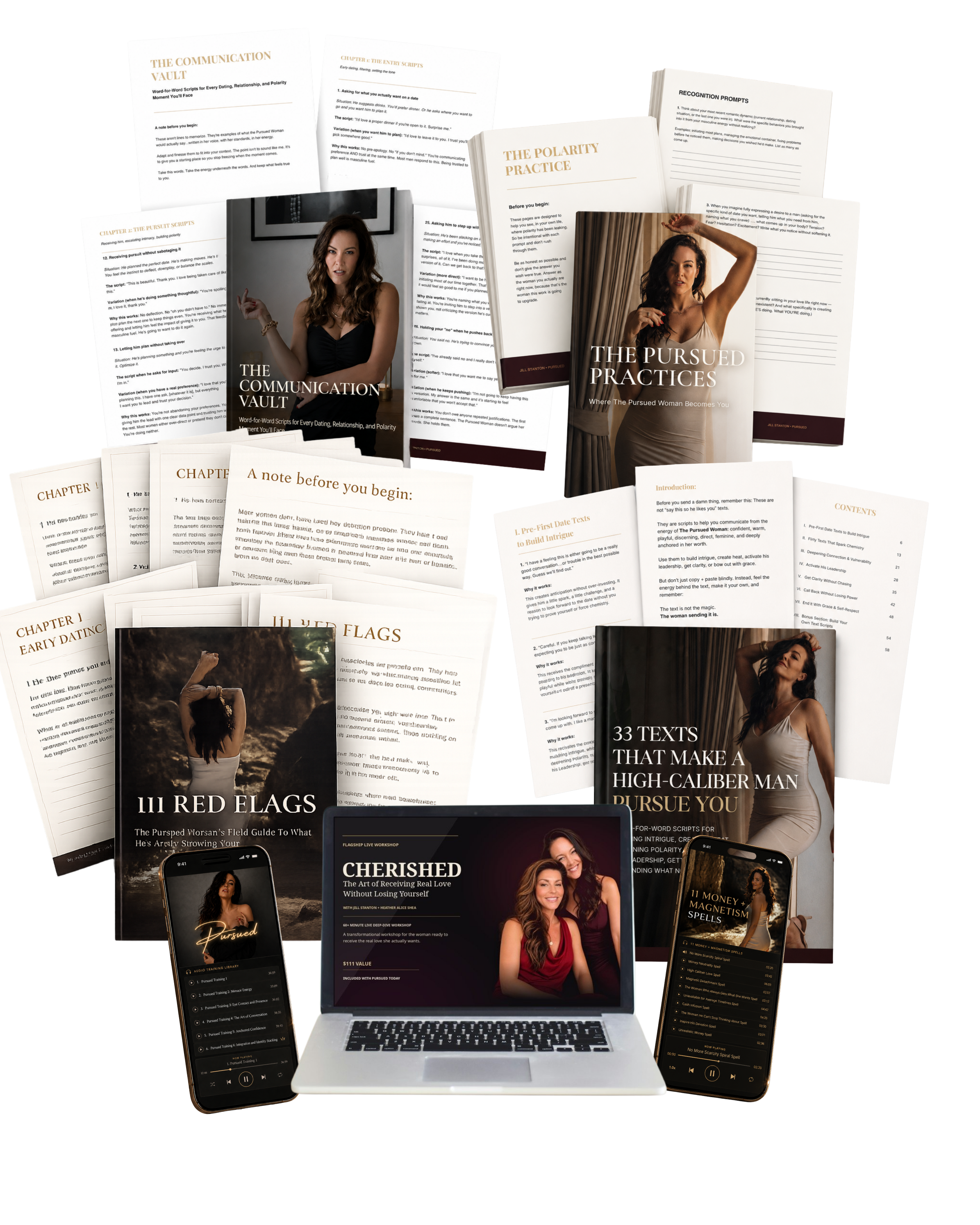 The complete PURSUED OTO bundle mockup with PURSUED audio library, The Pursued Practices, 33 Texts, Money and Magnetism Spells, The Communication Vault, and 111 Red Flags