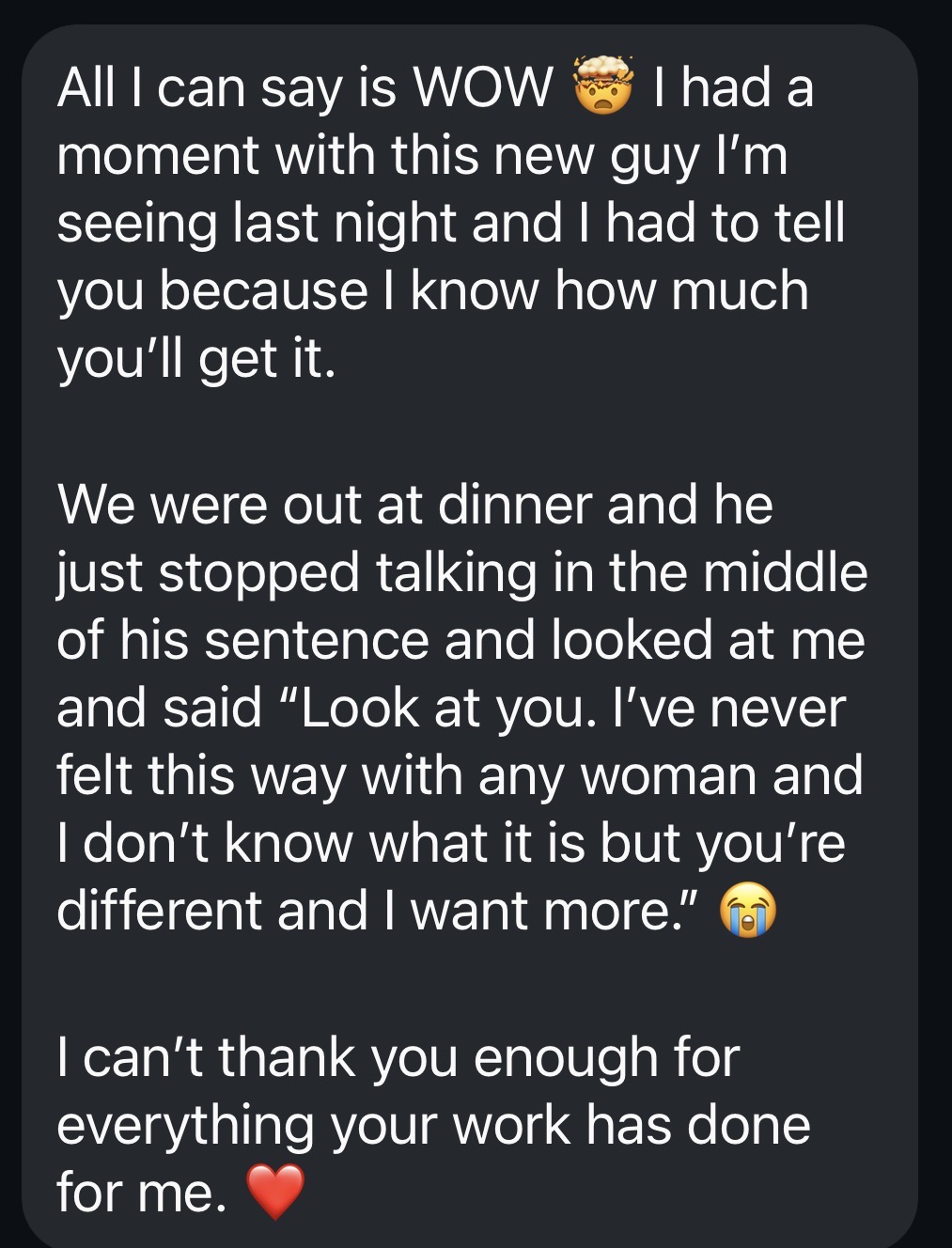 Message from a woman sharing her result