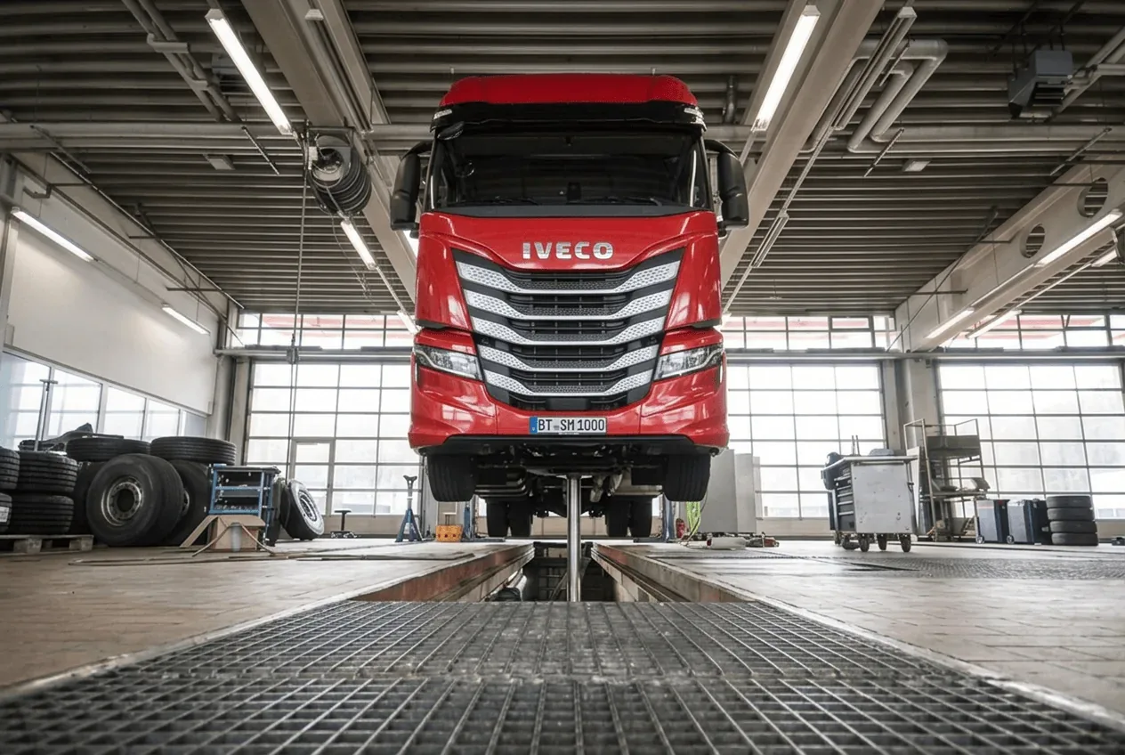 Rote IVECO-Zugmaschine von Maisel auf der Hebebühne in der Werkstatt, KI-generiertes Bild