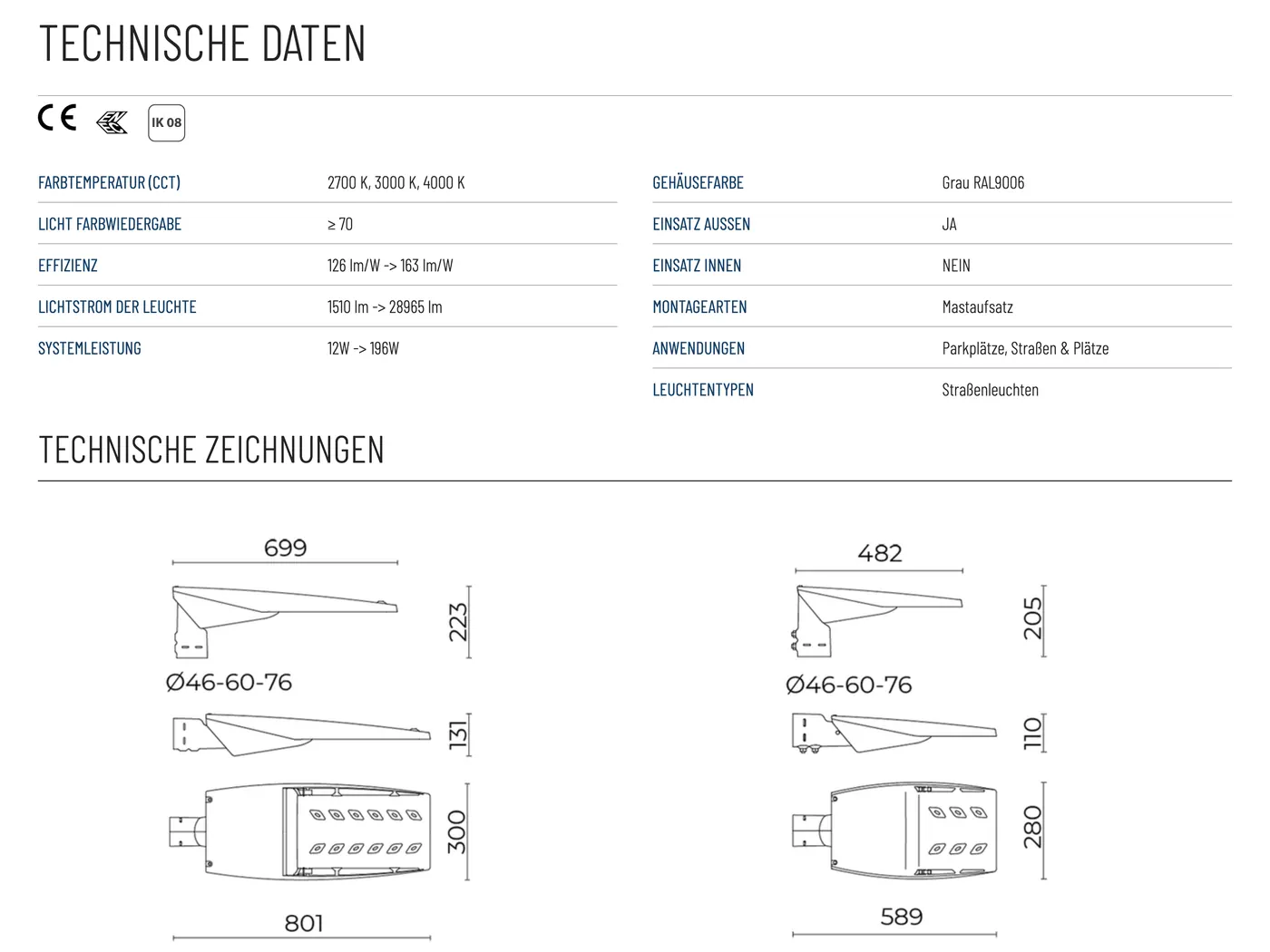 Produktseite Kairos: technische Daten und Zeichnungen