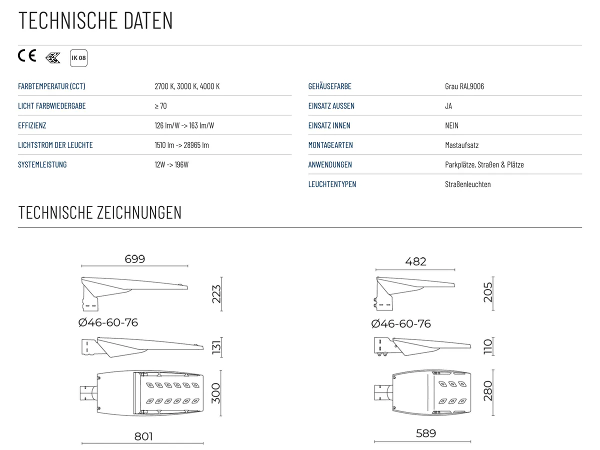 Produktseite Kairos mit technischen Daten und Zeichnungen
