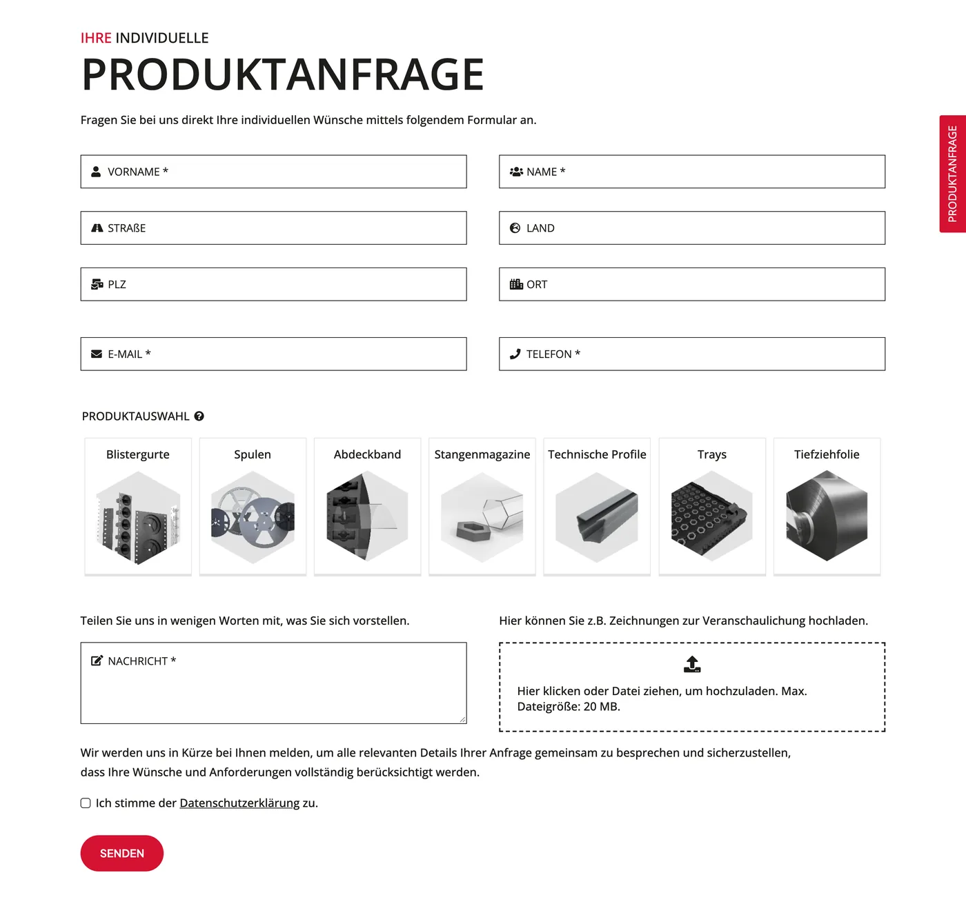 Produktanfrage mit Produktauswahl und Dateiupload