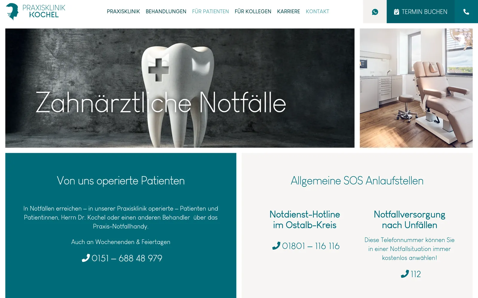 SOS-Notfallseite von praxisklinik-kochel.de mit Praxis-Notfallhandy