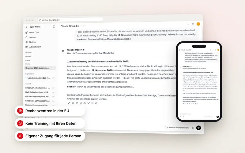 KI-Arbeitsplatz im Browser und auf dem Handy mit den Merkmalen Rechenzentren in der EU, kein Training mit Ihren Daten, eigener Zugang für jede Person
