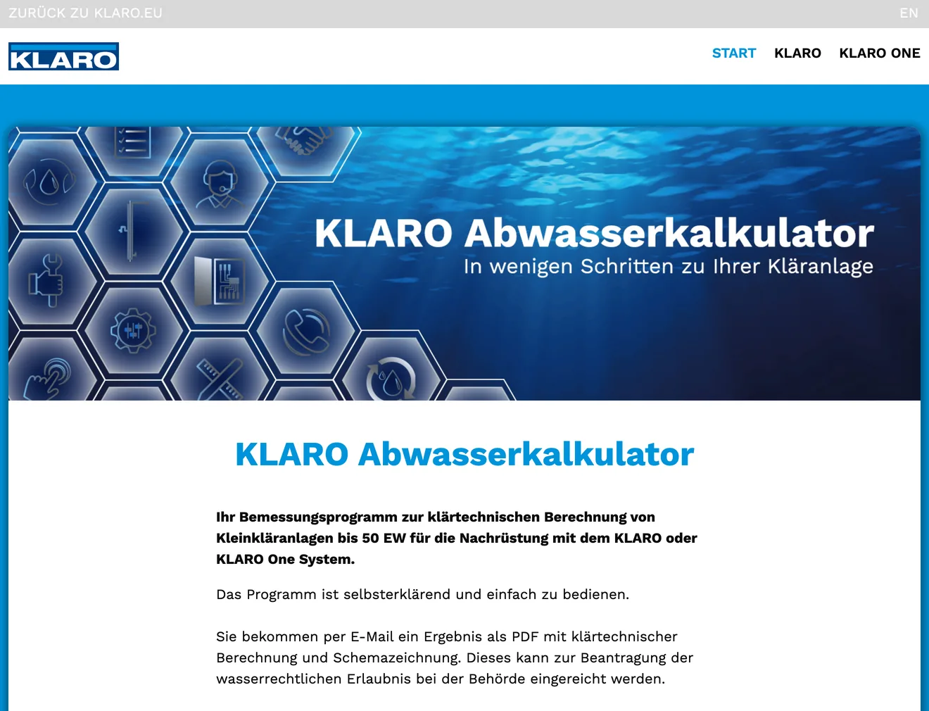 Einstiegsseite des KLARO Abwasserkalkulators mit Erklärung des Ergebnisses