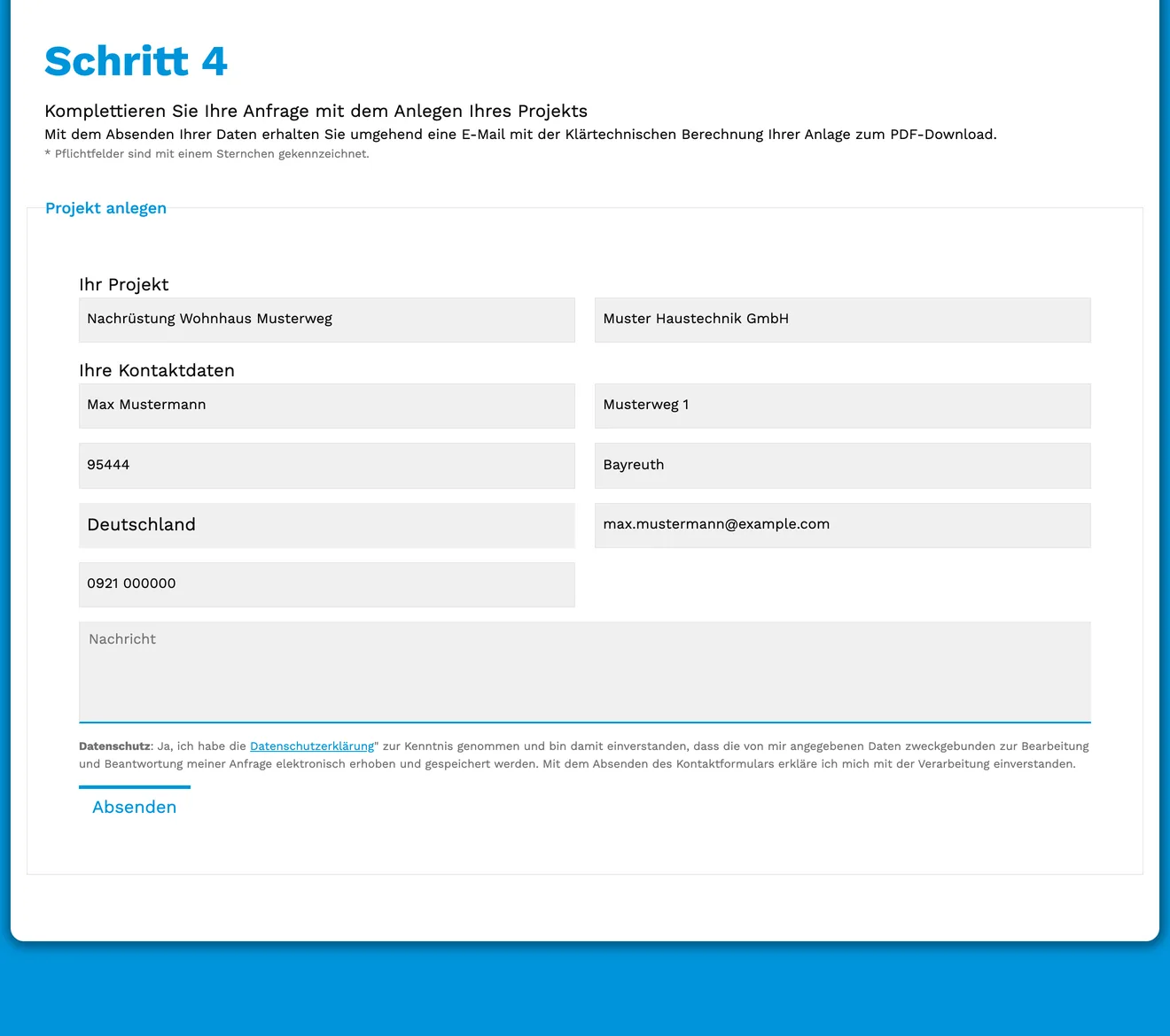 Schritt 4 Projekt anlegen mit PDF per E-Mail und Link zum Angebot
