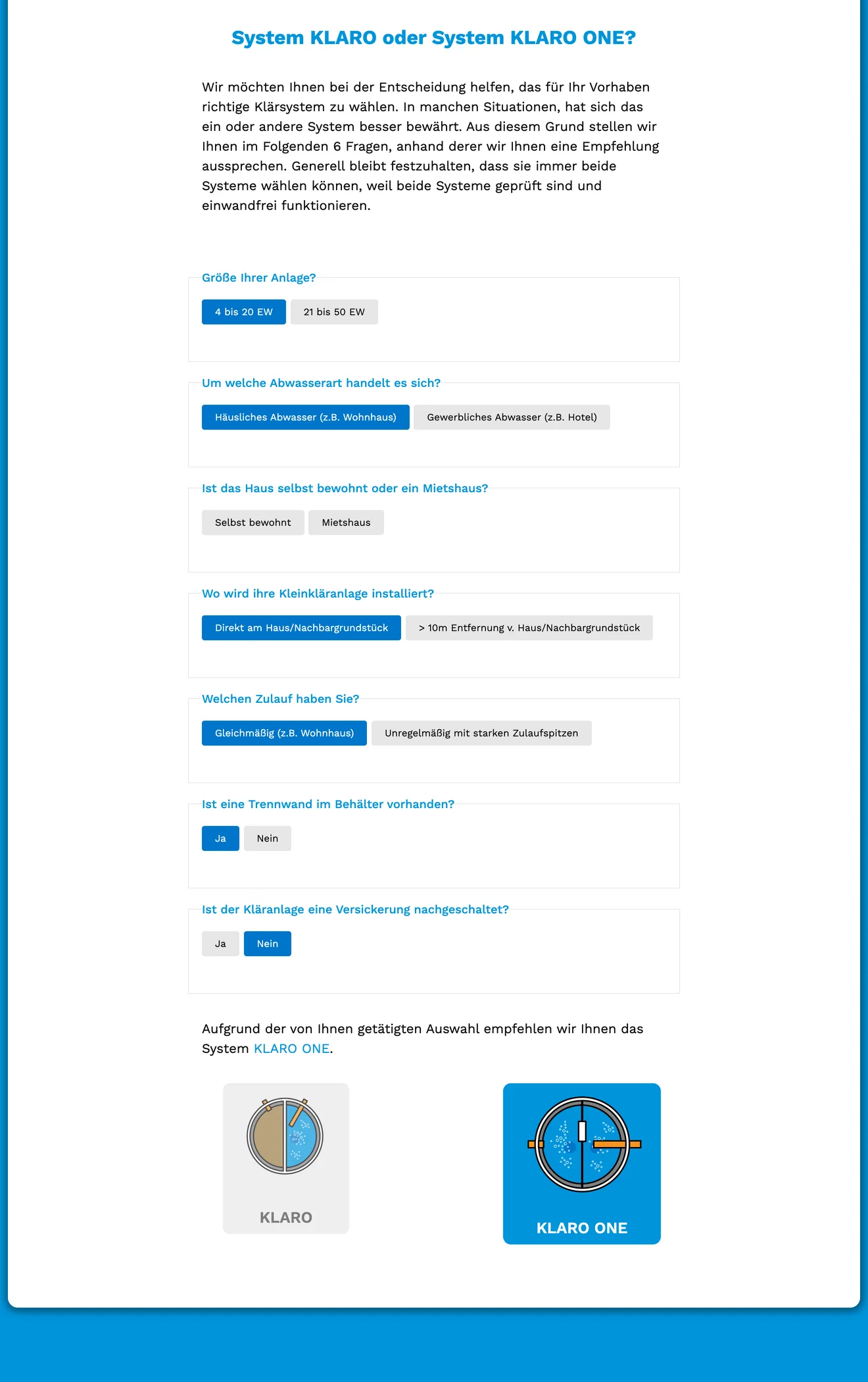 Fragen des Kalkulators mit Systemempfehlung KLARO oder KLARO ONE