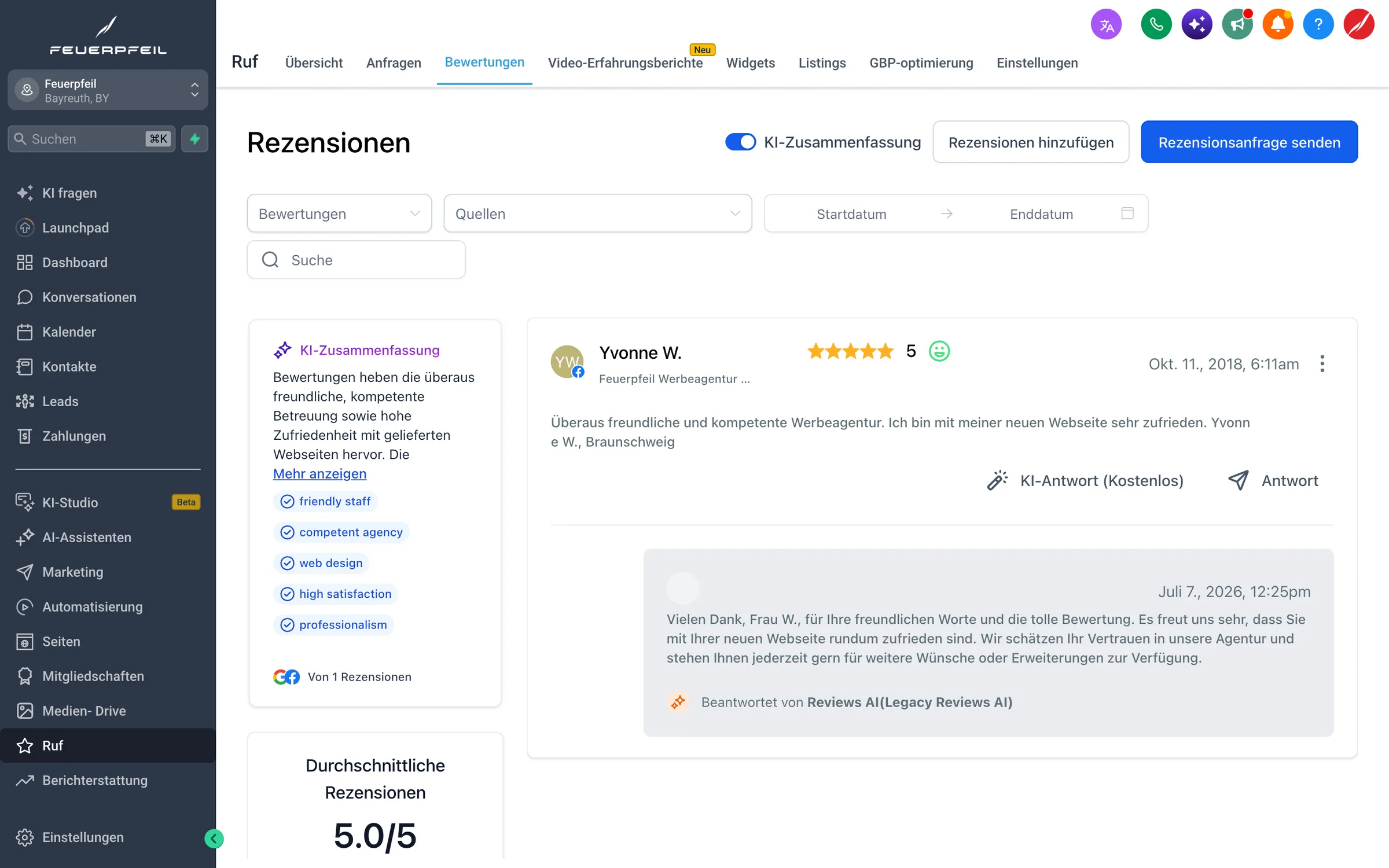 Bewertungen mit KI-Zusammenfassung und Antwortvorschlag