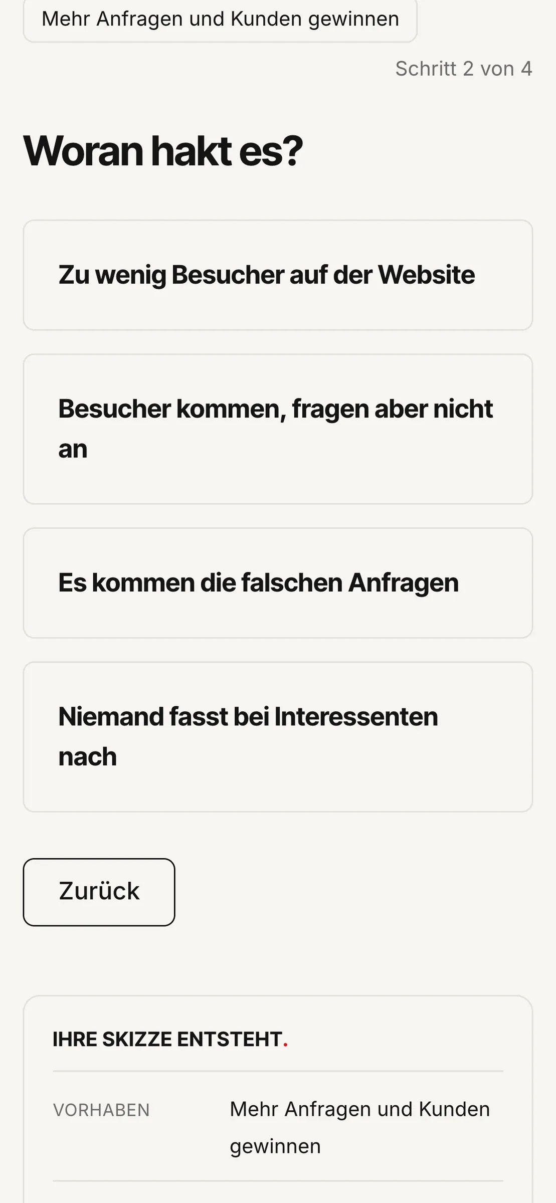 Lösungsfinder auf dem Telefon, Schritt 2 mit mitlaufender Zusammenfassung