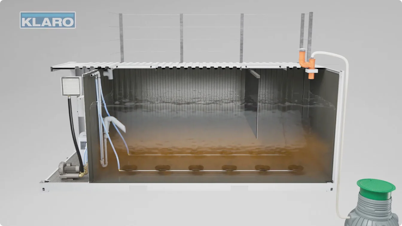 3D-Animation: Schnitt durch den KLARO Container, Schlamm setzt sich ab und das Wasser klärt sich