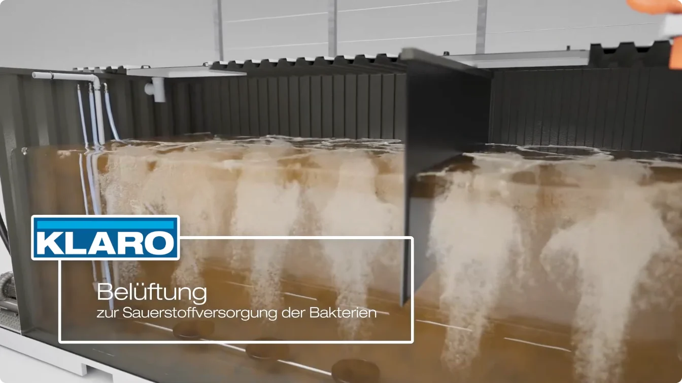 3D-Animation: Belüftung im Becken des KLARO Containers, aufsteigende Luftblasen im Abwasser