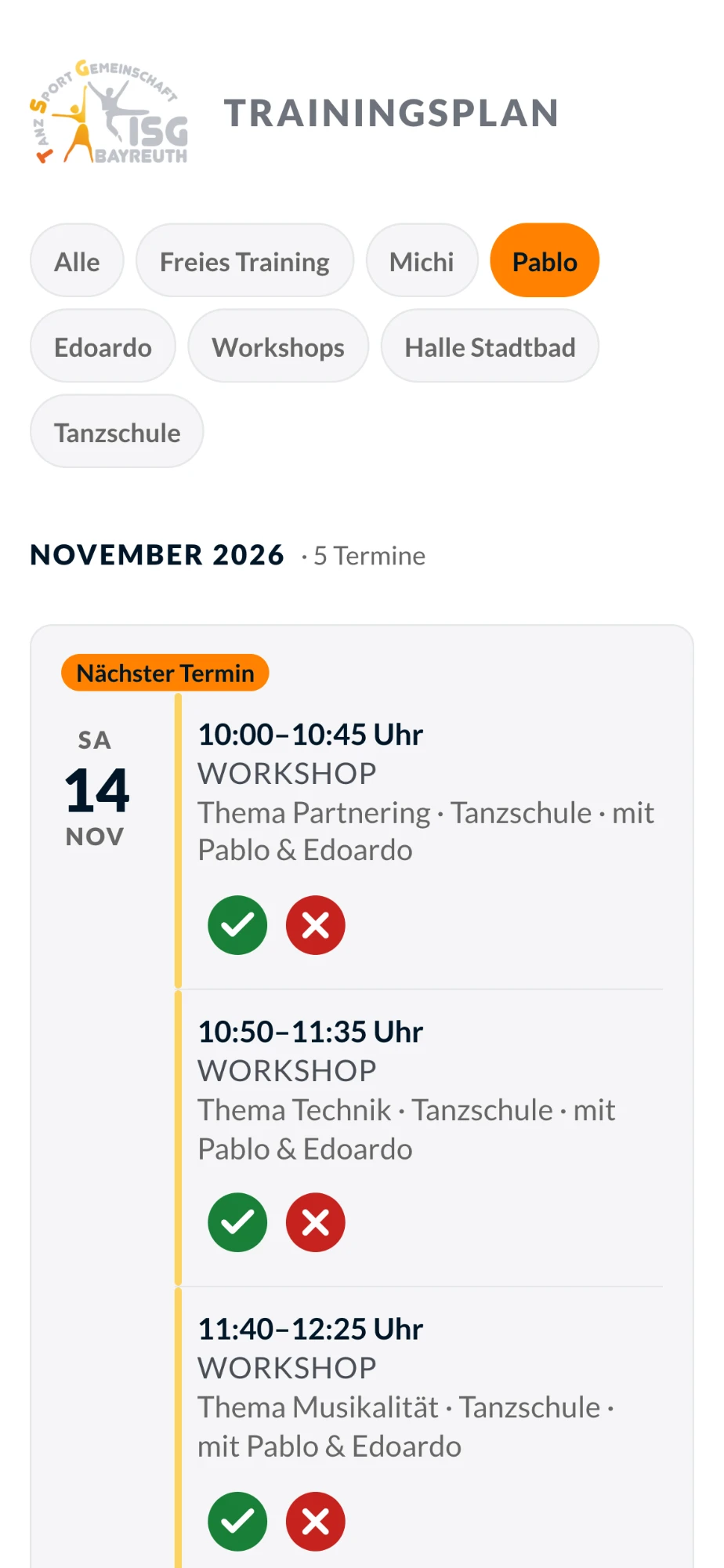 Trainingsplan-App mit aktivem Filter „Pablo“ und den Workshop-Terminen am 14. November