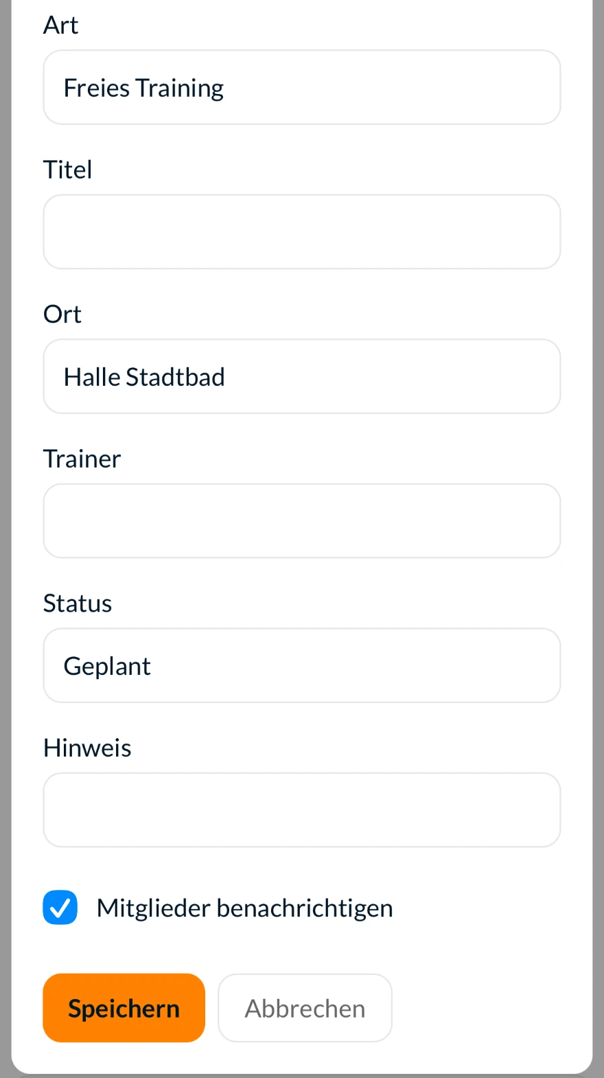 Verwaltung der App: Formular „Termin bearbeiten“ mit dem Häkchen „Mitglieder benachrichtigen“