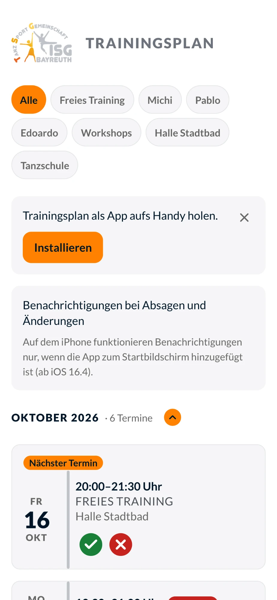 Erste Ansicht der Trainingsplan-App mit den Hinweisen „Als App aufs Handy holen“ und zu Benachrichtigungen