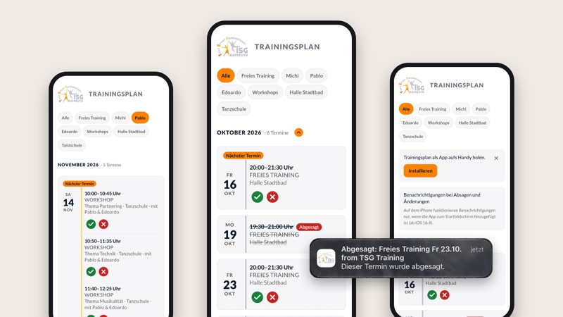 Drei Handys mit der Trainingsplan-App der TSG Bayreuth und der Mitteilung „Abgesagt: Freies Training Fr 23.10.“