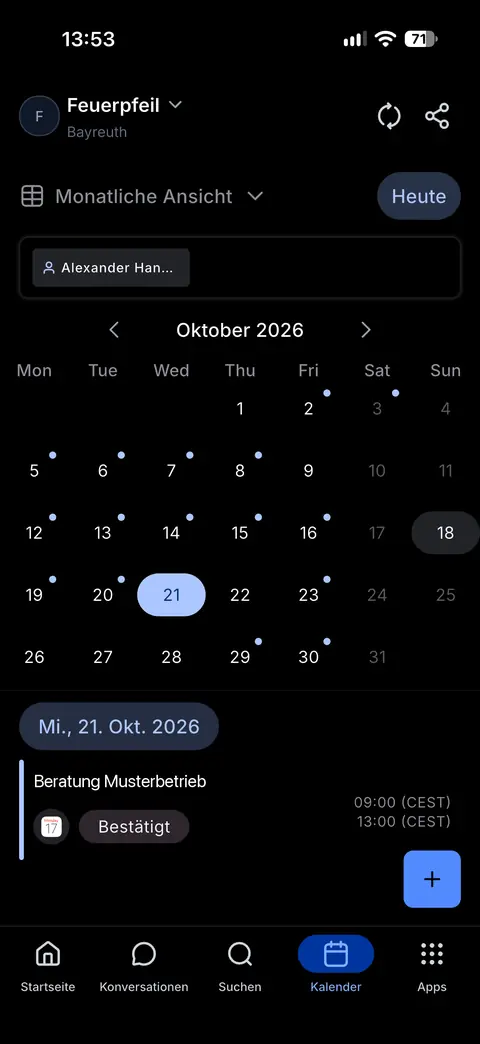 Kalender in der App mit bestätigtem Termin