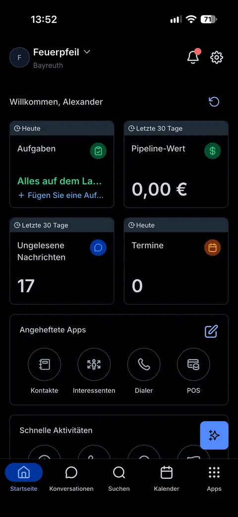 App-Startseite: Aufgaben, Nachrichten und Termine auf einen Blick