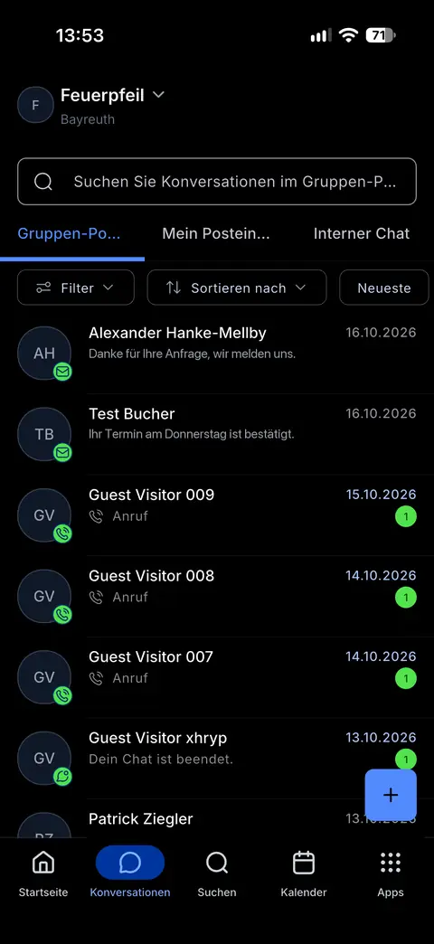 Posteingang in der App: Anrufe, Chats und E-Mails beim Kontakt