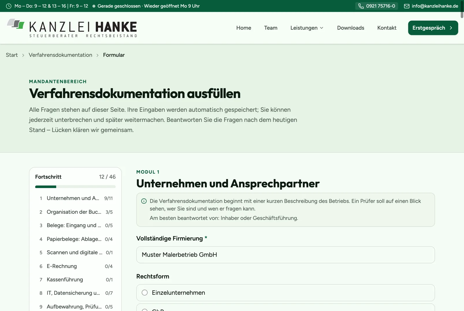 Verfahrensdokumentation der Kanzlei Hanke als Online-Formular