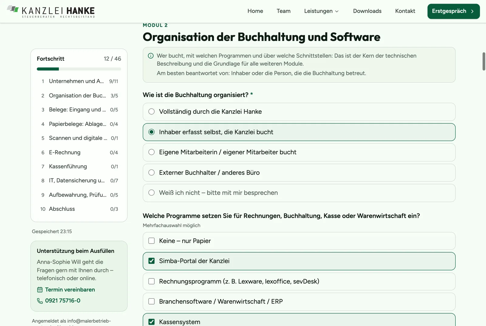 Modul Organisation der Buchhaltung mit Auswahlfragen und der Option Weiß ich nicht