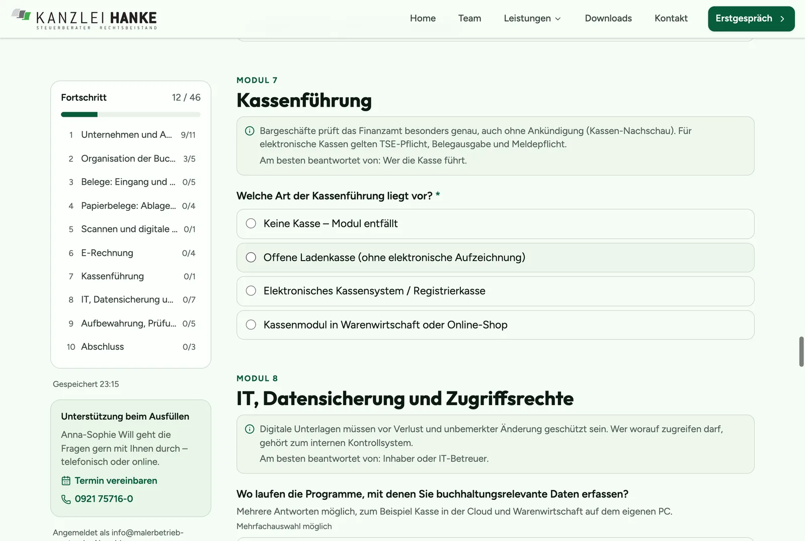 Modul Kassenführung mit Hinweis zur Kassen-Nachschau und Auswahl der Kassenart