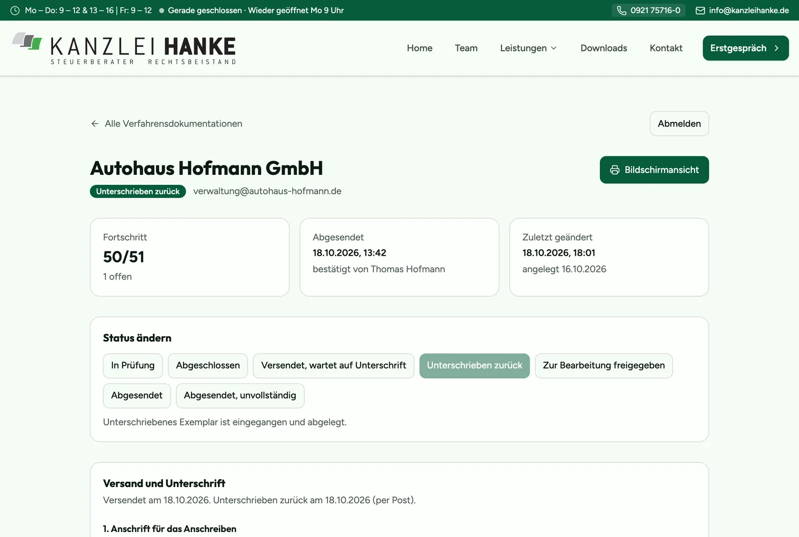 Detailansicht eines Mandanten mit Fortschritt 50 von 51, Datum der Absendung und Statusauswahl