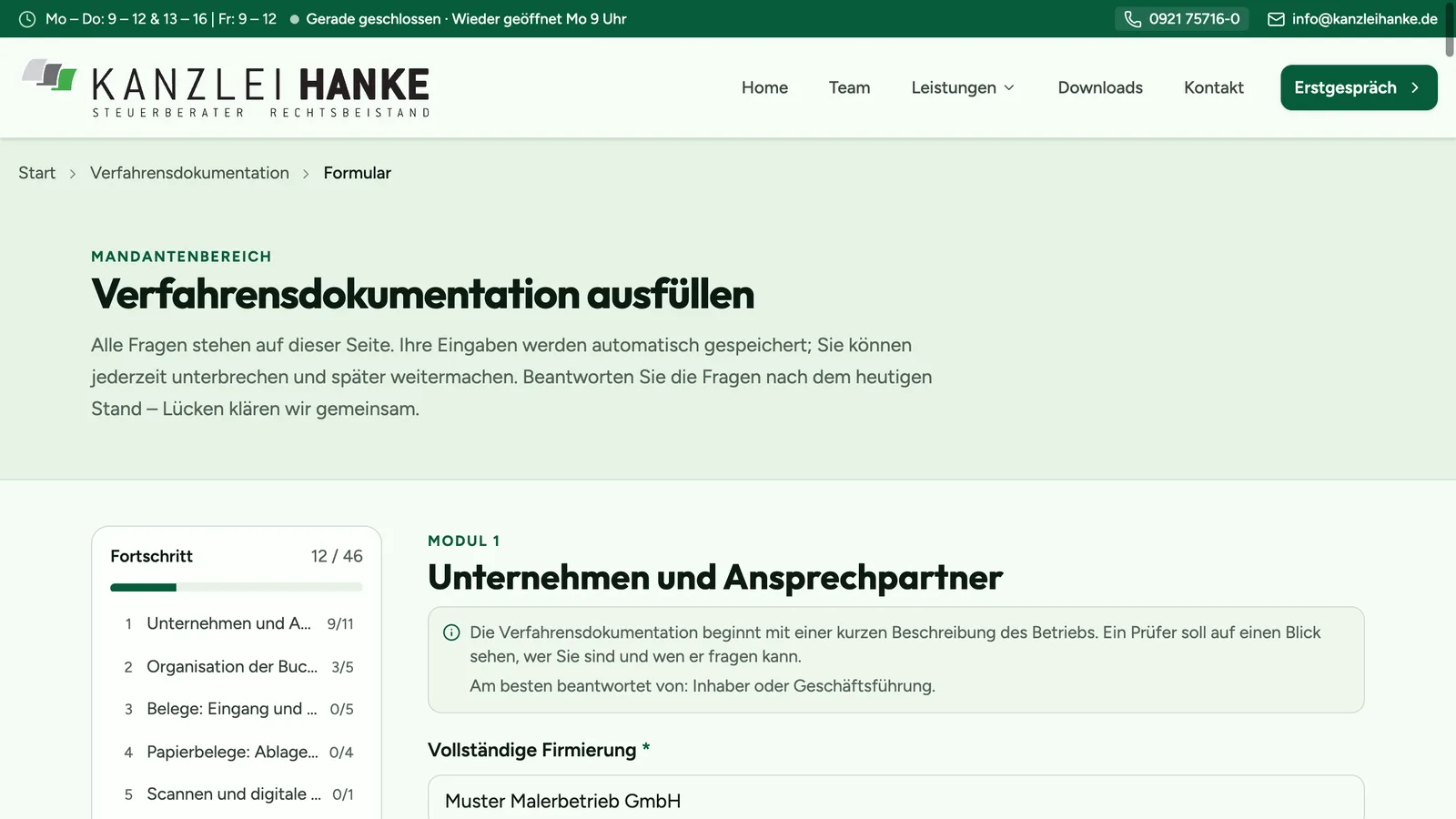 Online-Fragebogen zur Verfahrensdokumentation nach GoBD für Mandanten einer Steuerkanzlei, mit Fortschritt je Themenbereich