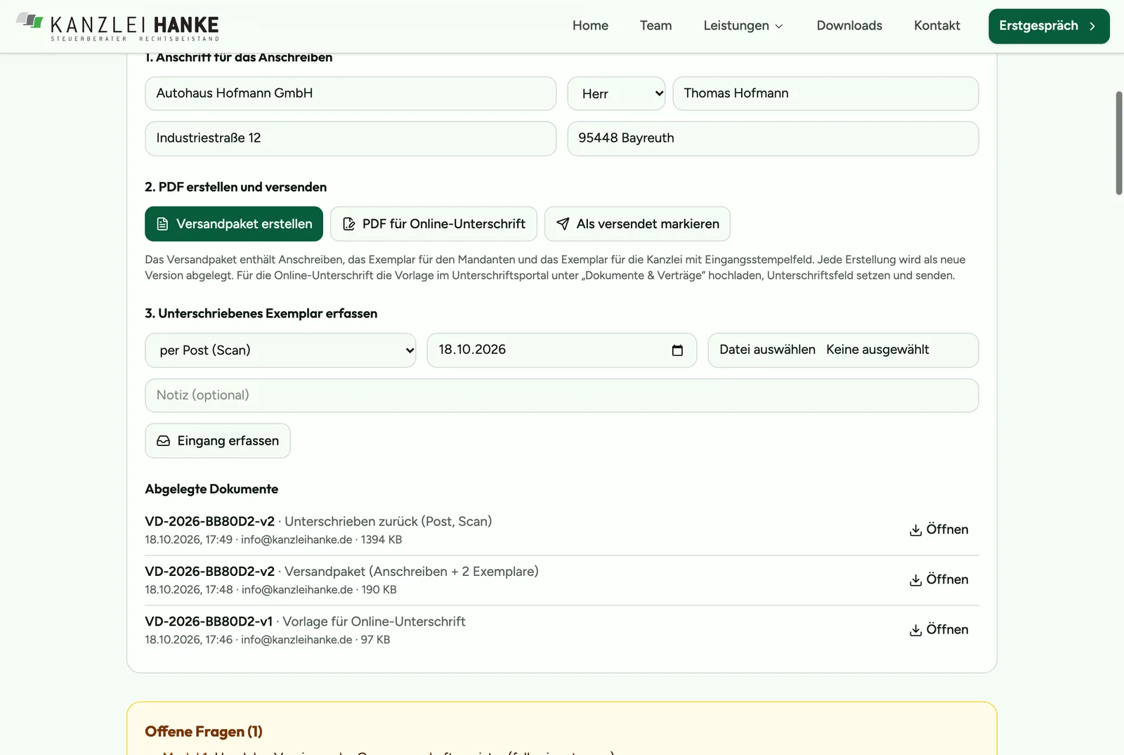 Bereich Versand und Unterschrift mit Anschrift, Knöpfen für Versandpaket und Online-Unterschrift und abgelegten Dokumenten