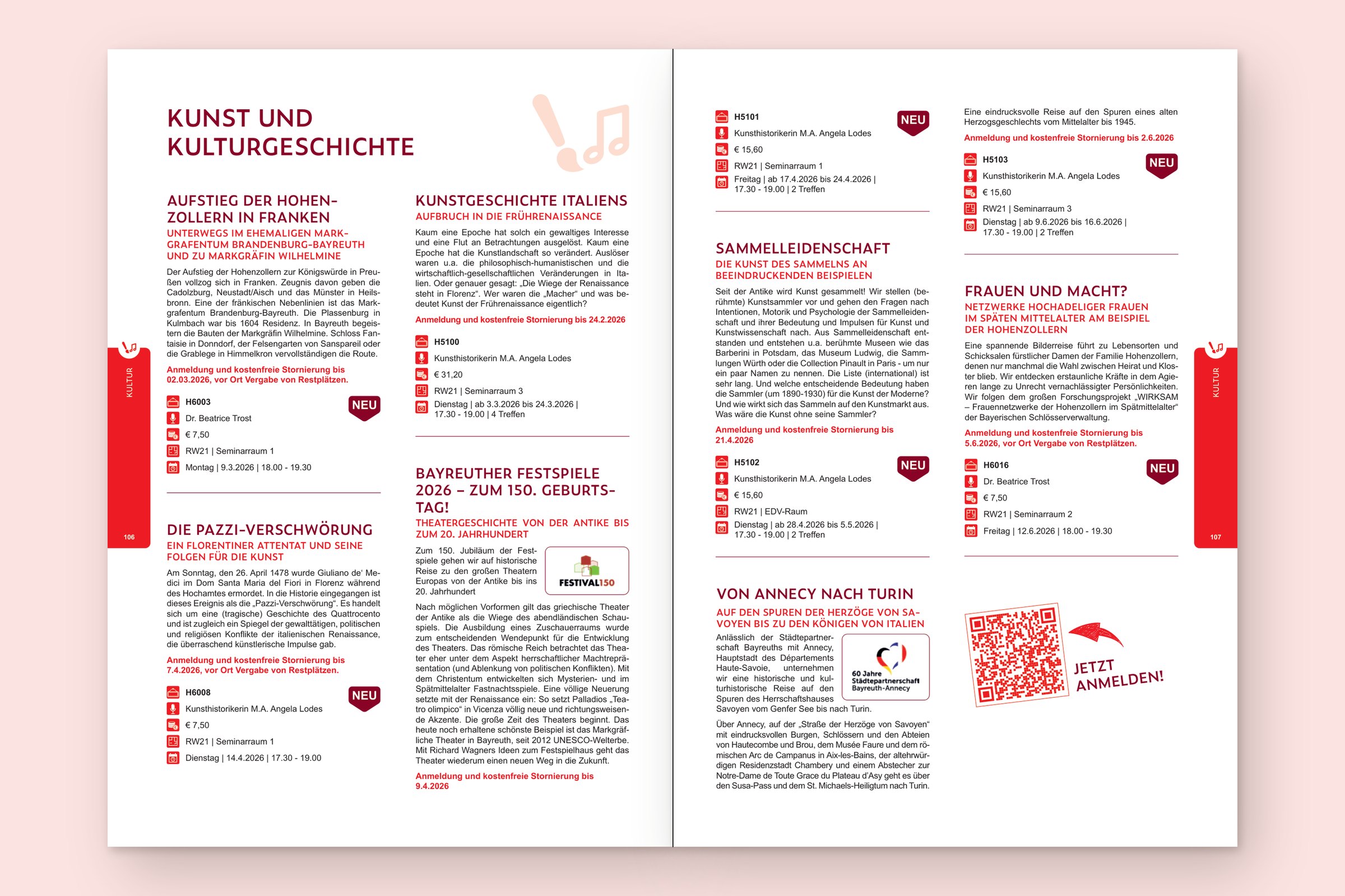 Doppelseite Kultur in Rot mit QR-Code zur Anmeldung