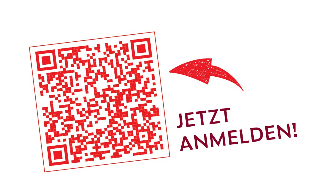 QR-Code mit Pfeil und dem Schriftzug Jetzt anmelden in Rot