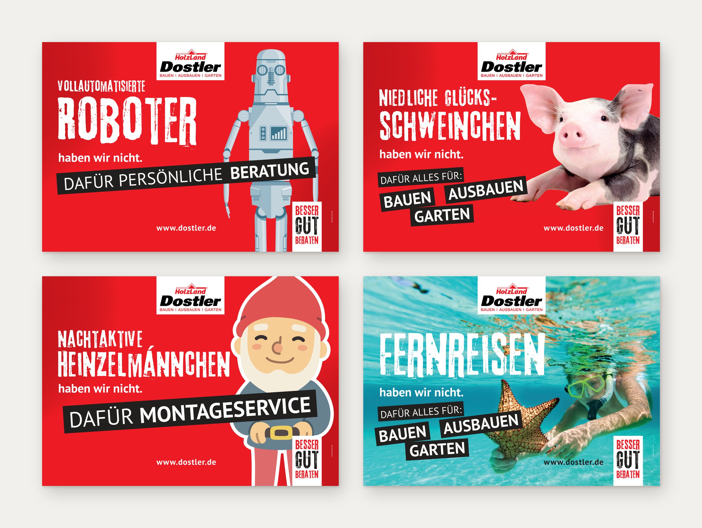 Vier Plakate: Roboter, Glücksschweinchen, Heinzelmännchen, Fernreisen haben wir nicht