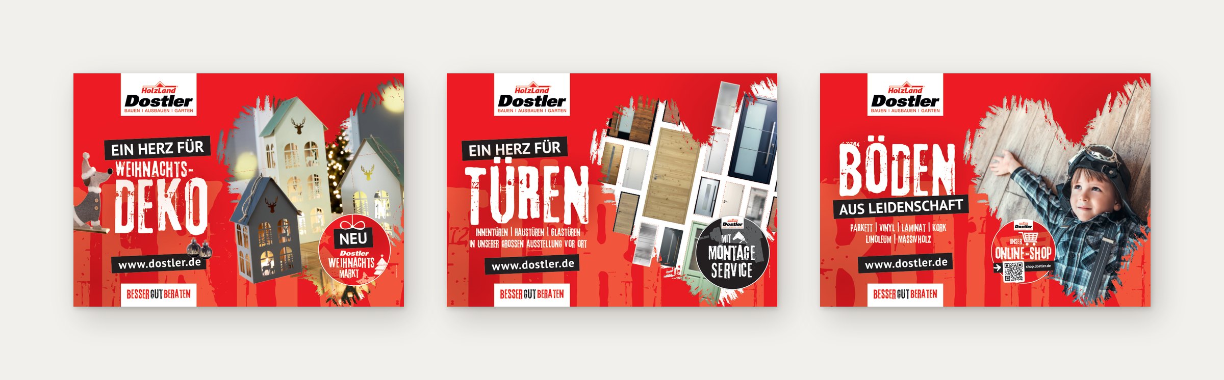 Drei Plakate mit Bildern in Herzform: Weihnachtsdeko, Türen, Böden