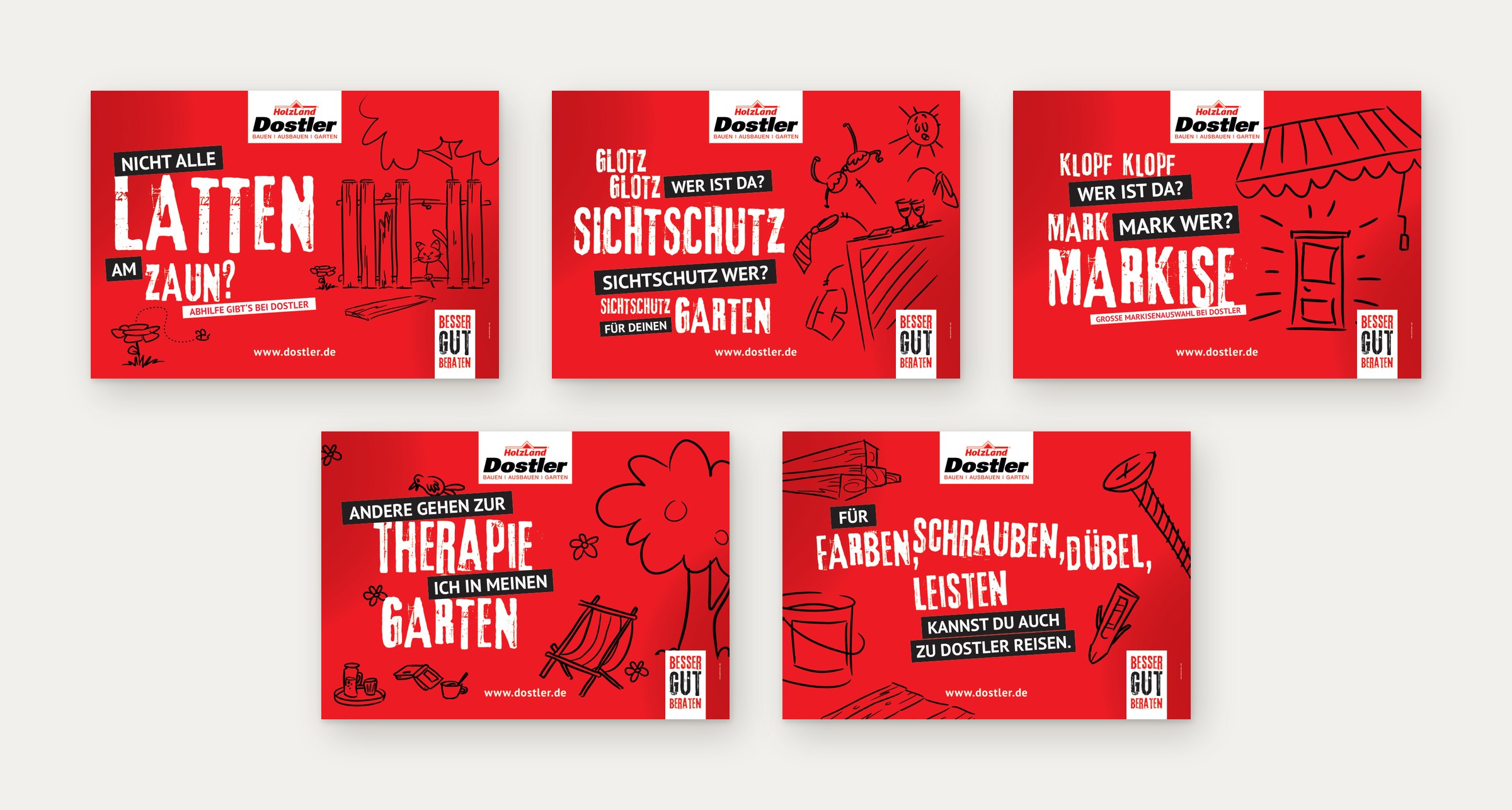 Fünf rote Plakate mit Wortspielen und Strichzeichnungen