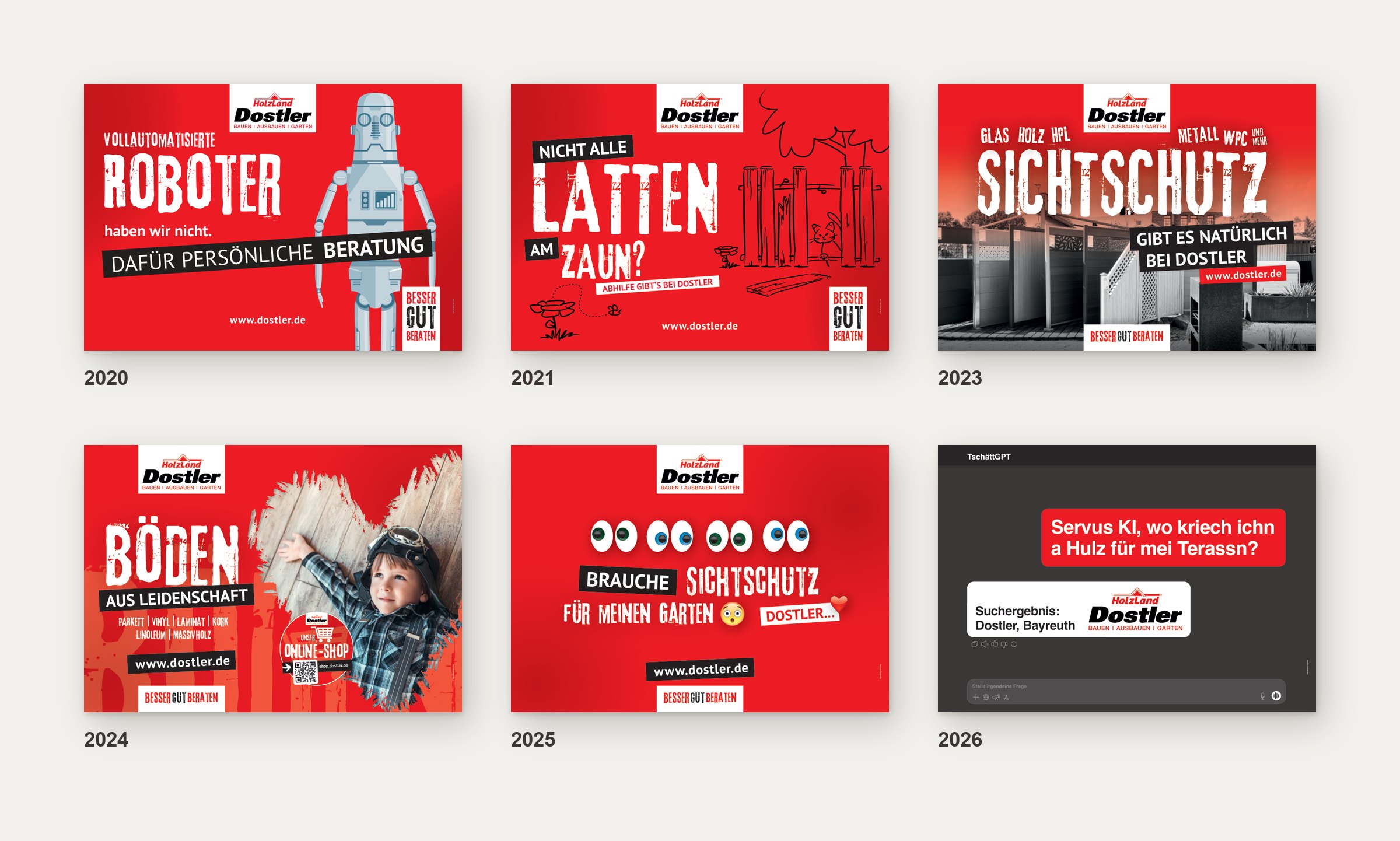 Sechs Großflächenplakate von Dostler aus den Jahren 2020 bis 2026, jeweils mit Jahreszahl