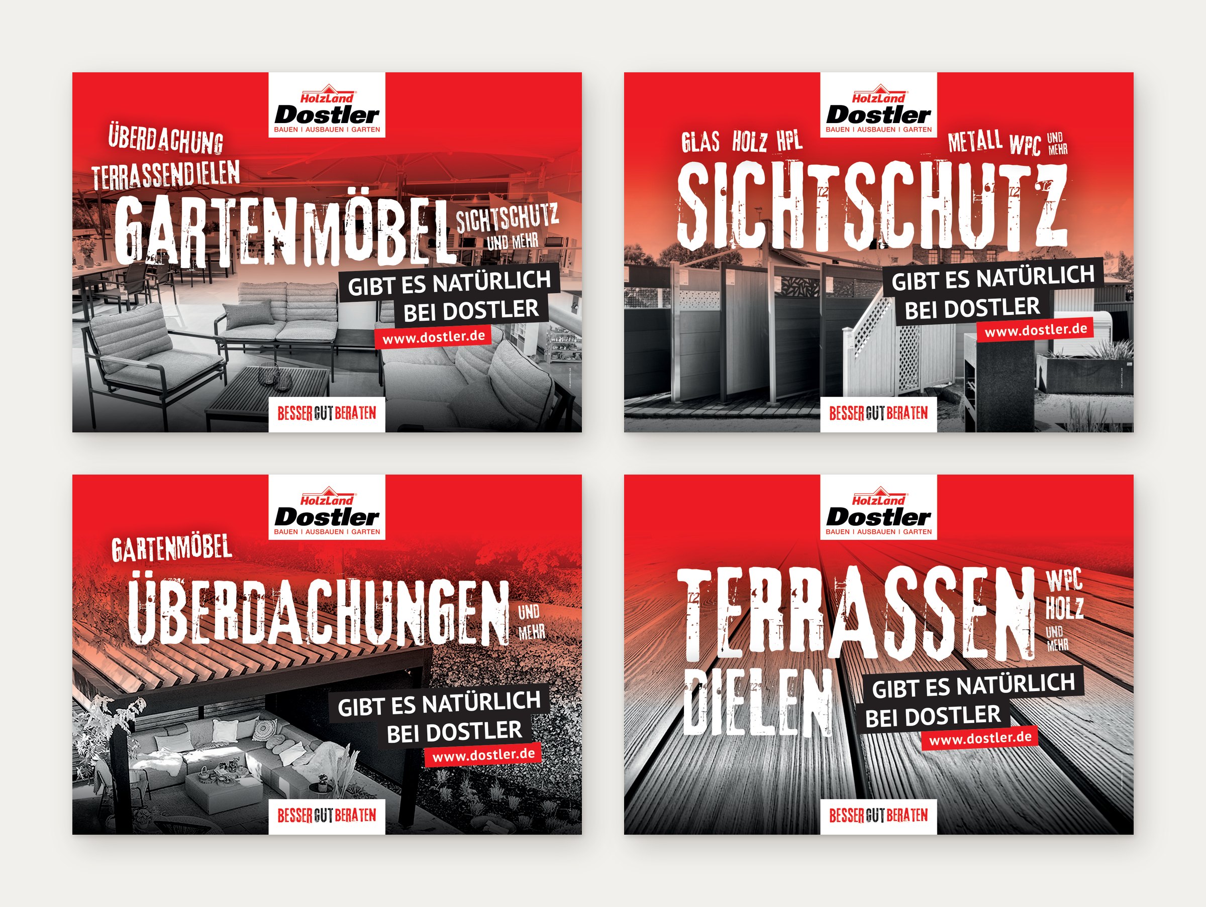 Vier Plakate mit großen Produktwörtern auf Schwarzweißfotos