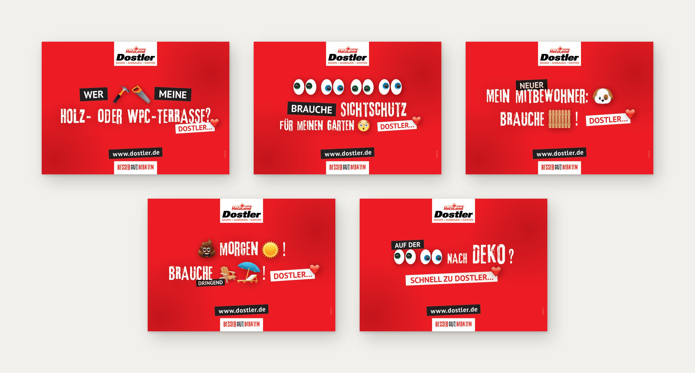 Fünf rote Plakate mit Fragen aus Wörtern und Emojis