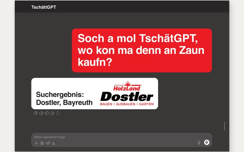 Großflächenplakat 2026 im Stil eines KI-Chats: „Soch a mol TschätGPT, wo kon ma denn an Zaun kaufn?“, Antwort Dostler, Bayreuth