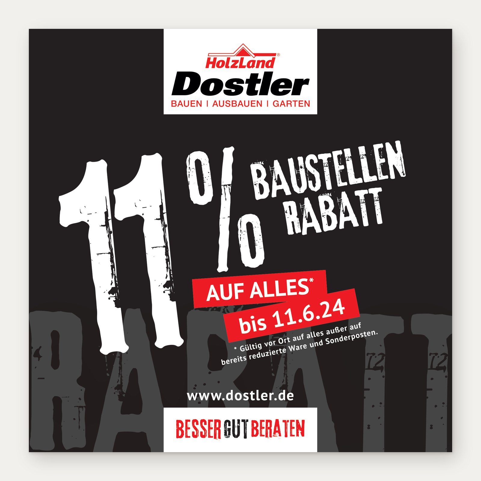 Schwarzes Schild „11 % Baustellenrabatt auf alles“