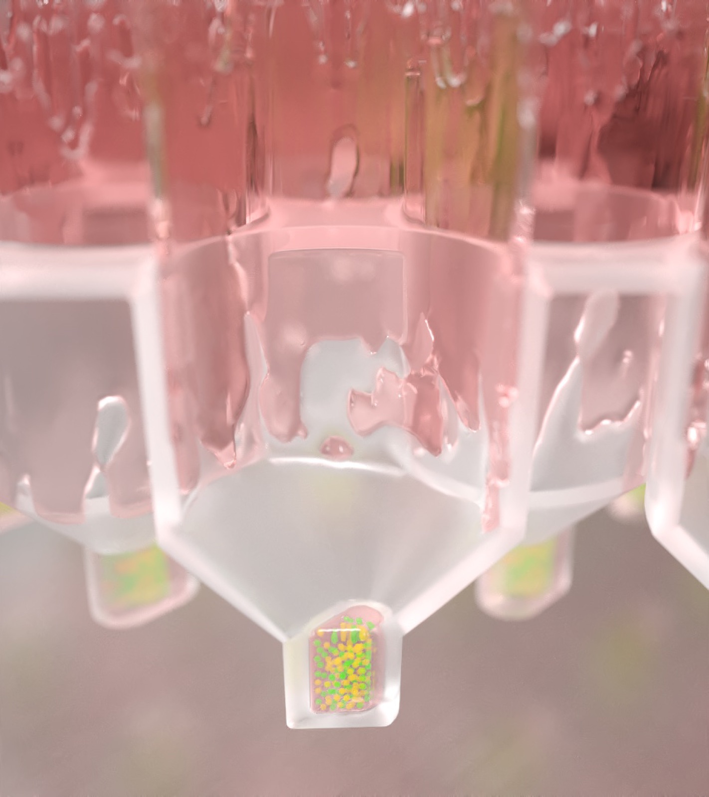 3D-Animation: Trichter einer Mikroplatte, rosa Flüssigkeit wird abgesaugt, gelbgrüne Zellen bleiben unten