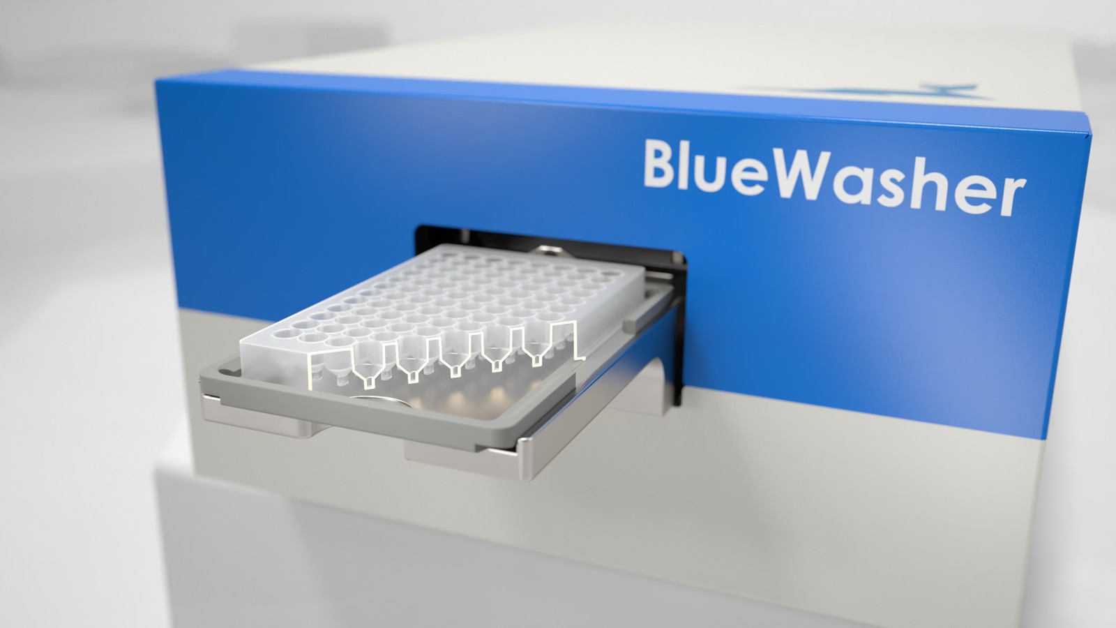 3D-Animation: Mikroplatte fährt in die Öffnung des blauen BlueWasher