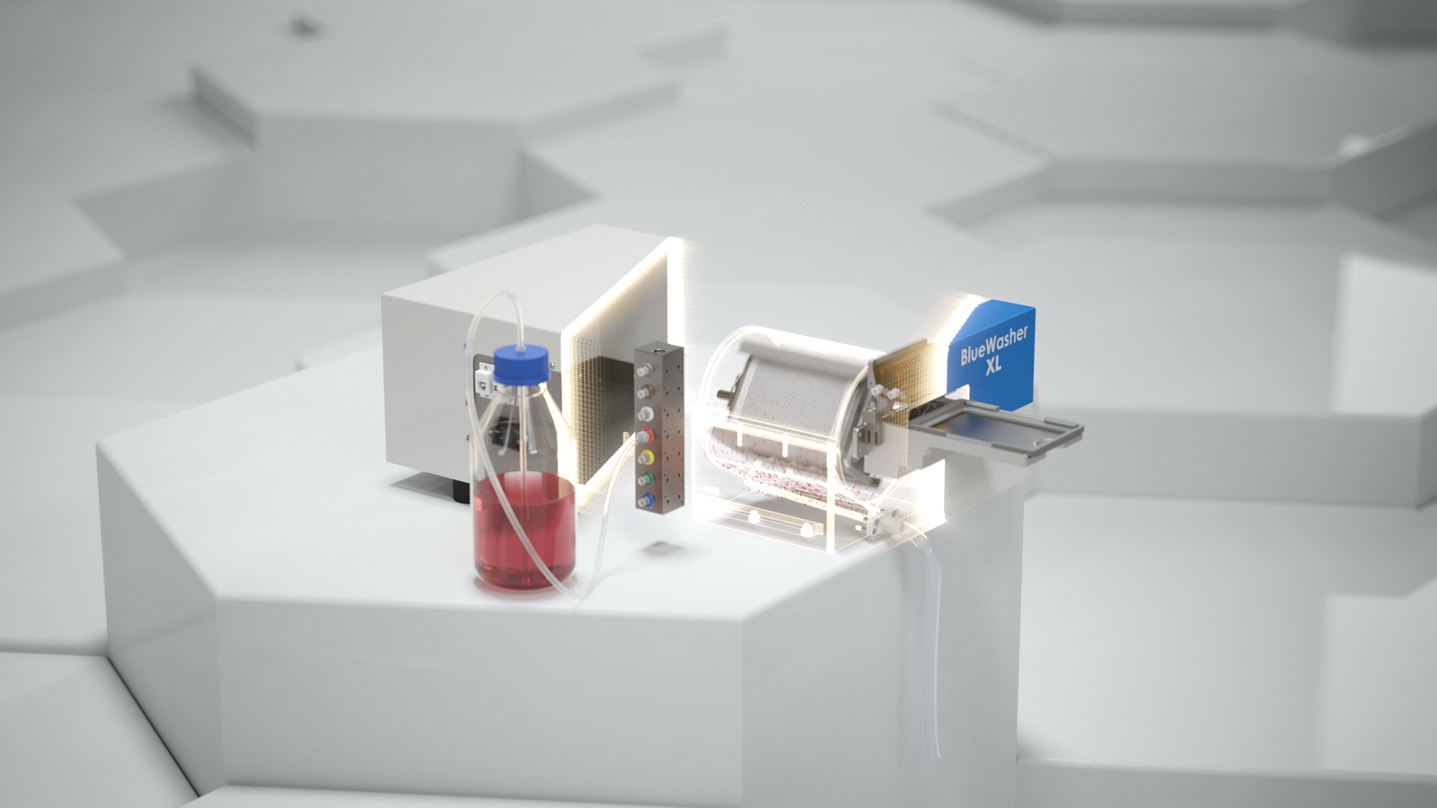 3D-Animation: BlueWasher XL mit Flasche, Schläuchen und durchsichtiger Trommel, die Zellen enthält