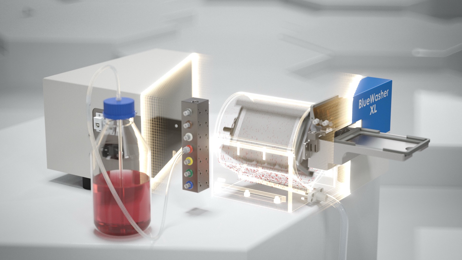 3D-Animation: BlueWasher XL mit Flasche, Schlauchanschlüssen und durchsichtiger Trommel auf einer hellen Sechseck-Fläche