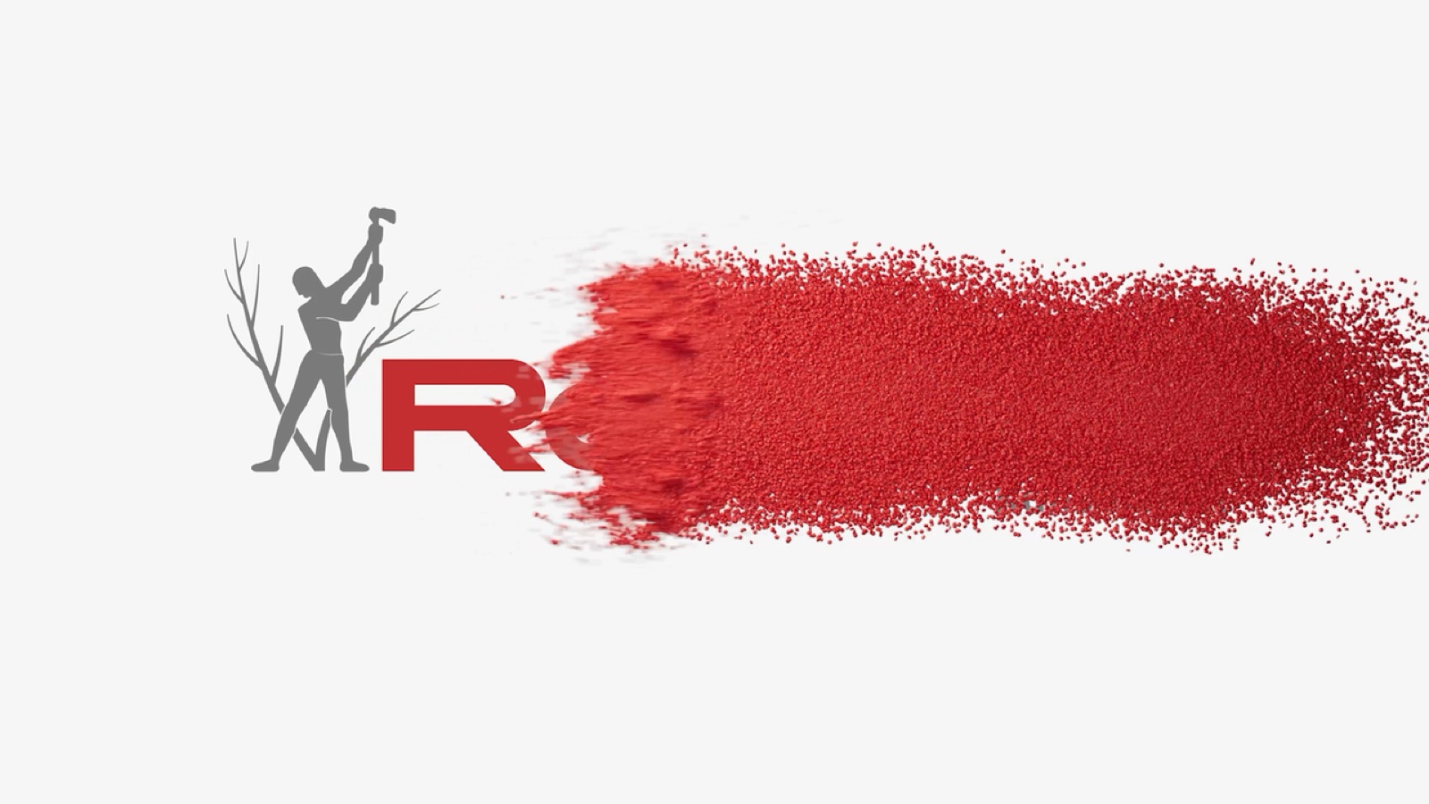 Standbild der Logoanimation: roter Pulverstrahl formt den Buchstaben R neben der grauen Rottolin-Figur