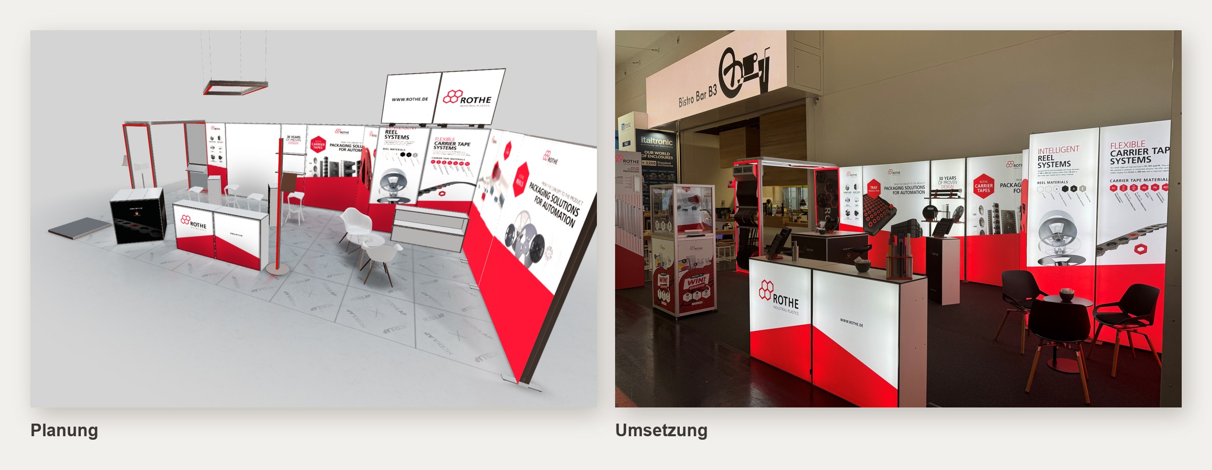 Links 3D-Entwurf mit Theke und Sitzbereich, rechts Foto des umgesetzten Besprechungsbereichs