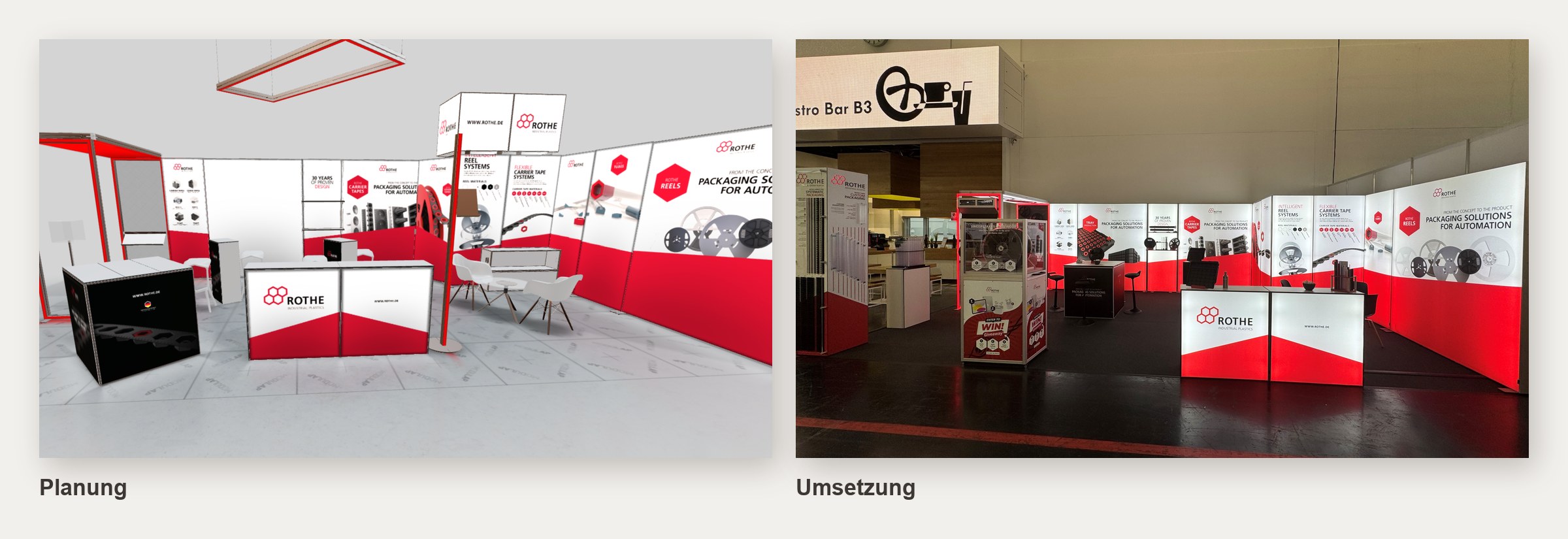 Links 3D-Entwurf des Messestands, rechts Foto des fertigen Stands aus ähnlicher Perspektive